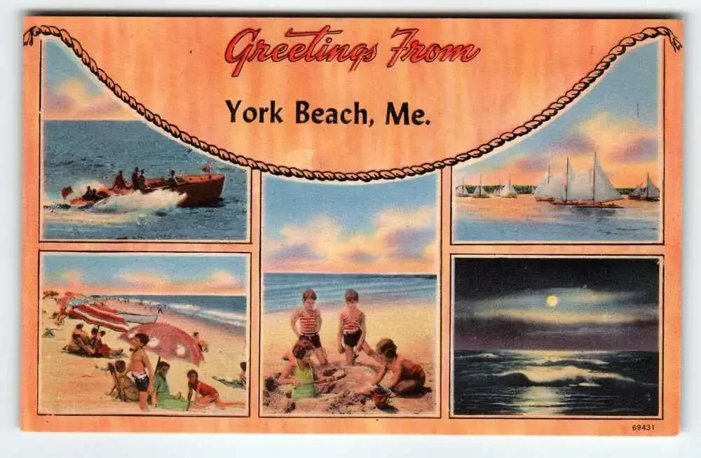 Greetings From York Beach Maine Multi View Boats Postcard Linen Unused Vintage